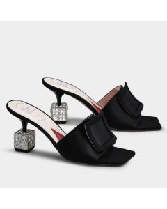 Roger Vivier Cube Strass Heel Mules Black Satin