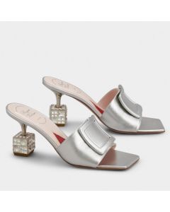 Roger Vivier Cube Strass Heel Mules Silver Metallic Leather