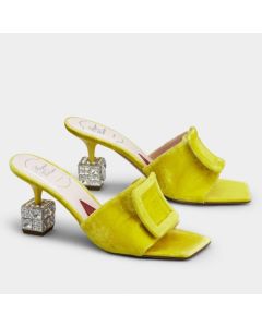 Roger Vivier Cube Strass Heel Mules Yellow Velvet