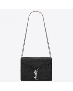 Saint Laurent Cassandra Clasp Bag Black Croc-Embossed Leather