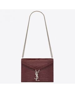 Saint Laurent Cassandra Clasp Bag Bordeaux Croc-Embossed Leather