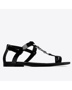 Saint Laurent Cassandra Flat Sandals Black Patent Leather