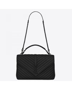 Saint Laurent College Large All Black Matelasse Leather Bag