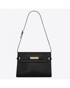 Saint Laurent Manhattan Shoulder Bag Black Crocodile Embossed Leather