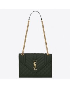 Saint Laurent Medium Envelope Bag Dark Green Grained Leather