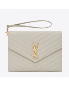 Saint Laurent Monogram Clutch White Grained Leather