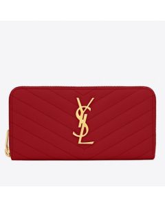 Saint Laurent Monogram Zip Around Wallet Red Grained Leather