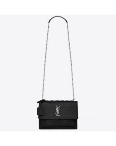 Saint Laurent Sunset Medium Bag Black Crocodile Embossed Leather