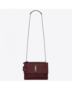 Saint Laurent Sunset Medium Bag Bordeaux Crocodile Embossed Leather