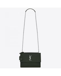 Saint Laurent Sunset Medium Bag Green Crocodile Embossed Leather