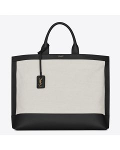 Saint Laurent Tag Shopping Bag Canvas Black Leather